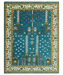 Wool Area Rug Hand Knotted Tree of Life Teal Blue and Ivory Traditional Botanical