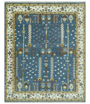 Tree of Life Traditional Hand Knotted Teal Blue and Ivory Custom Made Wool Area Rug