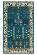 Tree of Life Traditional Hand Knotted Teal Blue and Ivory Custom Made Wool Area Rug