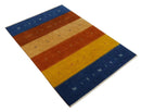 Tribal Gabbeh Blue, Brown, Gold and Rust 4.6x6.6 Stripes Design Wool area Rug by The Rug Decor