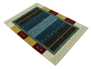 Tribal Gabbeh Blue, Gold, Maroon and Ivory Stripes design Traditional Hand loom 4.6x7 Wool Area Rug by The Rug Decor