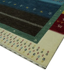 Tribal Gabbeh Blue, Gold, Maroon and Ivory Stripes design Traditional Hand loom 4.6x7 Wool Area Rug by The Rug Decor