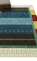 Tribal Gabbeh Blue, Gold, Maroon and Ivory Stripes design Traditional Hand loom 4.6x7 Wool Area Rug by The Rug Decor