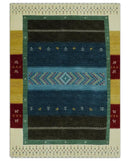 Tribal Gabbeh Blue, Gold, Maroon and Ivory Stripes design Traditional Hand loom 4.6x7 Wool Area Rug by The Rug Decor