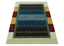 Tribal Gabbeh Blue, Gold, Maroon and Ivory Stripes design Traditional Hand loom 4.6x7 Wool Area Rug by The Rug Decor