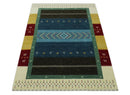 Tribal Gabbeh Blue, Gold, Maroon and Ivory Stripes design Traditional Wool Area Rug