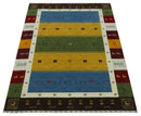 Tribal Gabbeh Green, Gold, Blue, Maroon and Ivory Stripes Design Traditional Hand loom 4.6x6.6 Wool Area Rug