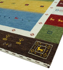 Tribal Gabbeh Green, Gold, Blue, Maroon and Ivory Stripes design Traditional Wool Area Rug