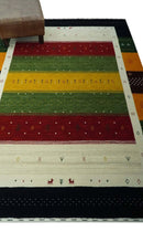 Tribal Gabbeh Green, Gold, Ivory, Maroon and Black Stripes design Traditional Hand loom 4.6x7 Wool Area Rug by The Rug Decor