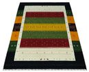 Tribal Gabbeh Green, Gold, Ivory, Maroon and Black Stripes design Traditional Hand loom 4.6x7 Wool Area Rug by The Rug Decor