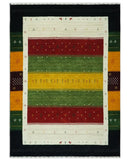 Tribal Gabbeh Green, Gold, Ivory, Maroon and Black Stripes design Traditional Hand loom Wool Area Rug