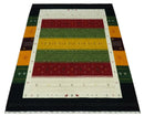 Tribal Gabbeh Green, Gold, Ivory, Maroon and Black Stripes design Traditional Hand loom Wool Area Rug