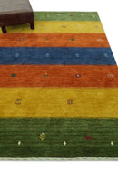 Tribal Gabbeh Green, Gold, Rust and Blue Stripes Design 4.6x7 Wool area Rug by The Rug Decor