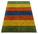Tribal Gabbeh Green, Gold, Rust and Blue Stripes Design 4.6x7 Wool area Rug by The Rug Decor