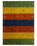 Tribal Gabbeh Green, Gold, Rust and Blue Stripes Design 4.6x7 Wool area Rug by The Rug Decor