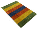 Tribal Gabbeh Green, Gold, Rust and Blue Stripes Design 4.6x7 Wool area Rug by The Rug Decor