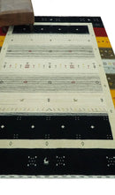 Tribal Gabbeh Ivory, Black, Gold and Maroon Stripes design Traditional Hand loom 4.6x7 Wool Area Rug by The Rug Decor