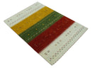 Tribal Gabbeh Ivory, Gold, Green and Maroon Geometrical Stripes Design 4.6x6.6 Hand loom wool area Rug by The Rug Decor