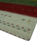 Tribal Gabbeh Ivory, Gold, Green and Maroon Geometrical Stripes Design 4.6x6.6 Hand loom wool area Rug by The Rug Decor