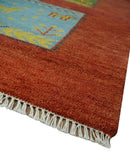 Tribal Gabbeh Rust, Green, Mustard and Aqua 8x10 Hand knotted Wool Area Rug by The Rug Decor