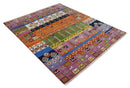 Tribal Gabbeh Rust, Ivory, Green and Pink Hand knotted 8x10 Antique Look Traditional Wool Area Rug by The Rug Decor