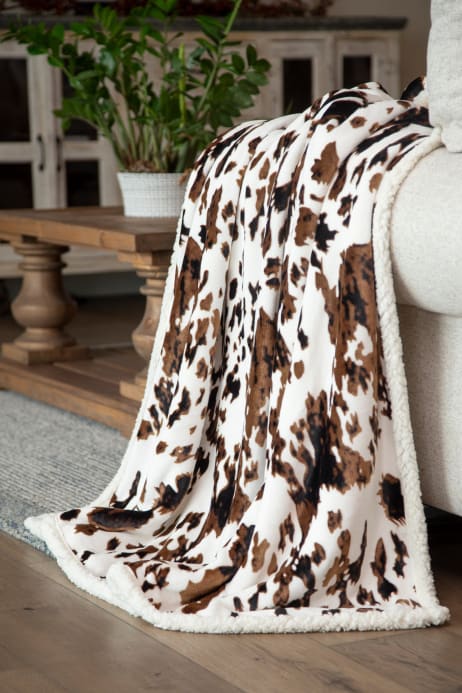 Tricolor Cowhide Plush Sherpa Throw