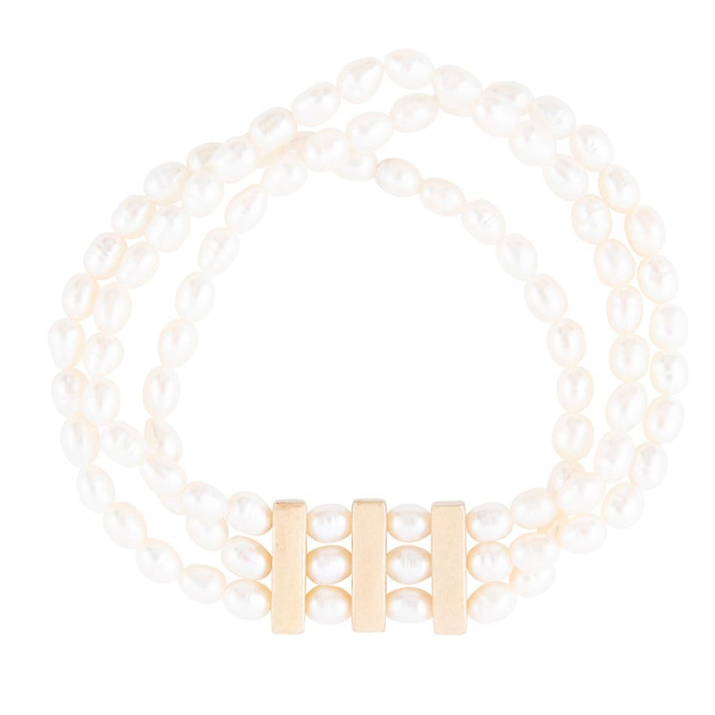 Triple Freshwater White Pearl Classic Golden Stretch Bracelet