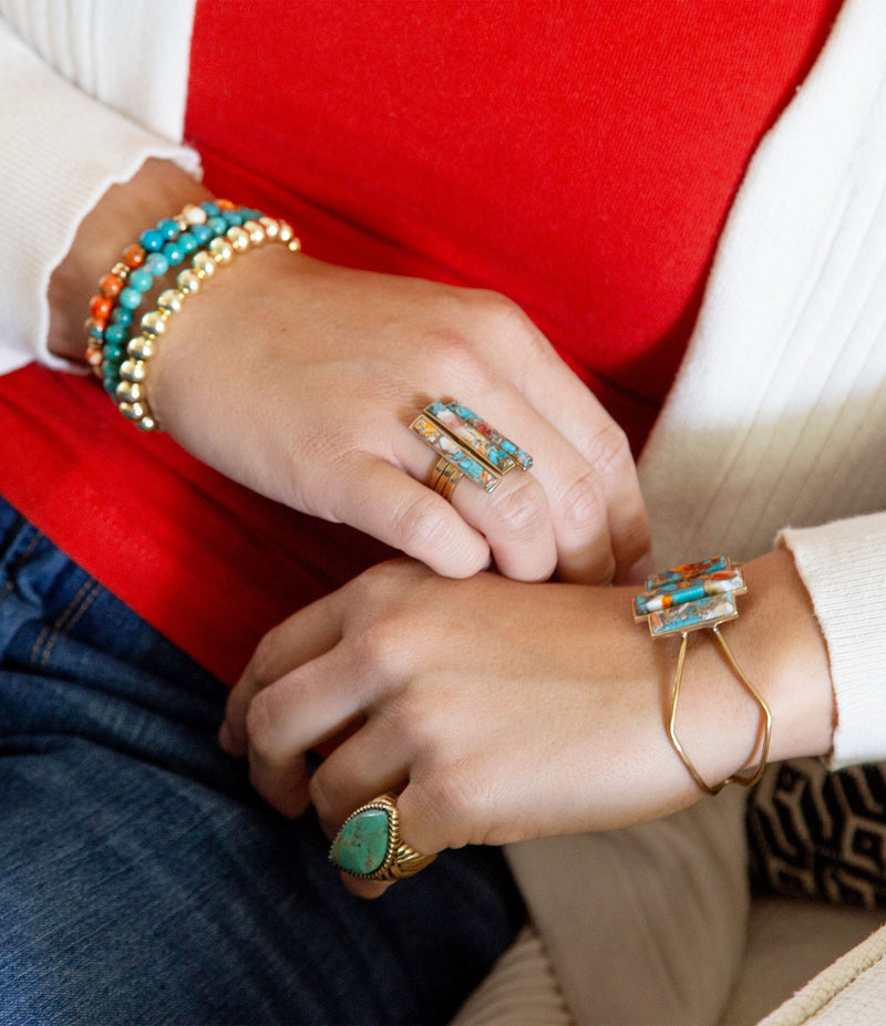 Triple Threat Blue Turquoise Orange Spiny Oyster Matrix Golden Ring Set