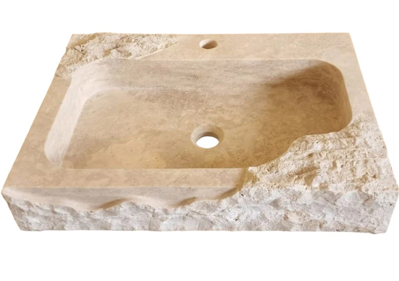 Troia Light Travertine Rustic Textured Edge Wall-mount Bathroom Sink (W)16" (L)24" (H)5"