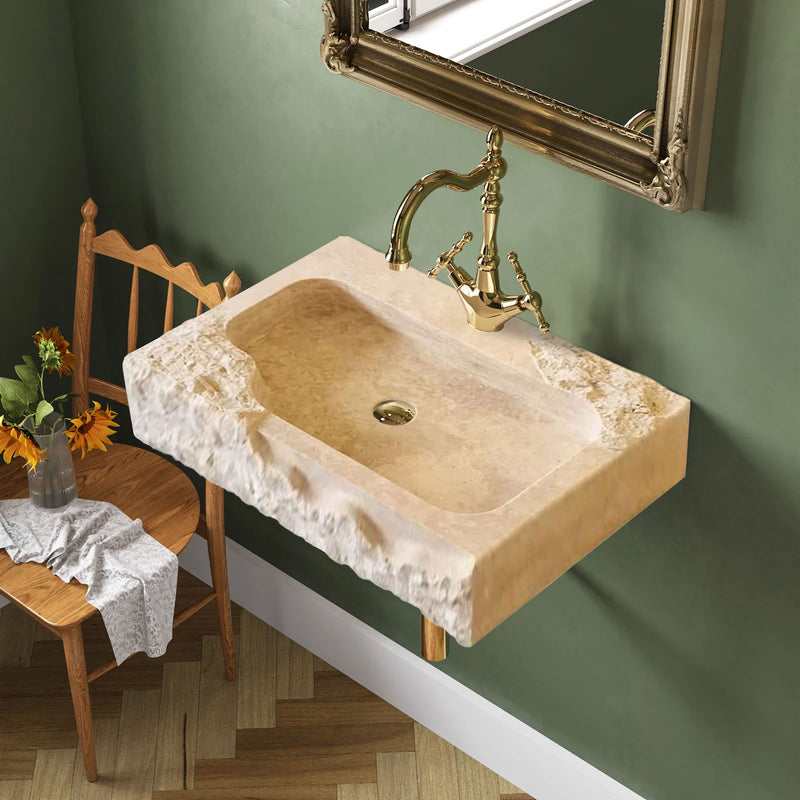 Troia Light Travertine Rustic Textured Edge Wall-mount Bathroom Sink (W)16" (L)24" (H)5"