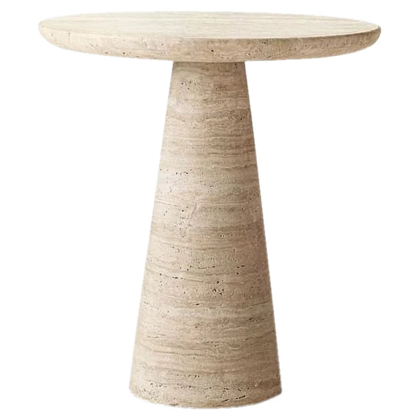 Light Travertine Round Side Table - Honed Finish Conic Legs 18x22, angled view