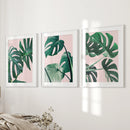 Pink Botanical 3 Piece Wall Art. Green Monstera Leaves Print by Wall Art Set