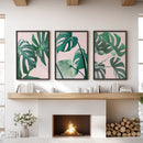 Pink Botanical 3 Piece Wall Art. Green Monstera Leaves Print by Wall Art Set