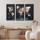 Triptych Wall Art - Wooden World Map (Smokey)