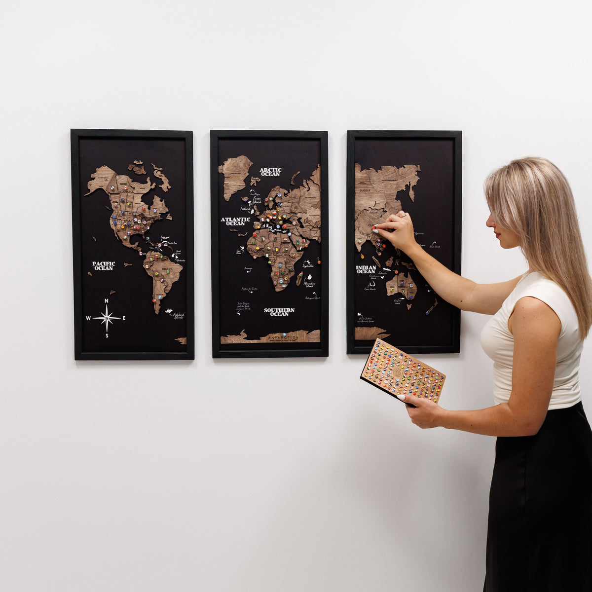 Triptych Wooden World Map (Dark Walnut), photo 5 of 12