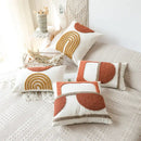 Tufted burnt orange and yellow cushion cover living room by Decorbites