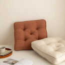 Tufted button cushion in terracotta cream and olive for living room by Decorbites