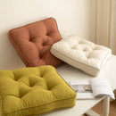 Tufted button cushion in terracotta cream and olive for living room by Decorbites
