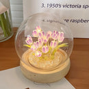 Pink tulip glass dome night light bedroom wood base by Decorbites