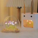 Pink tulip glass dome night light bedroom wood base by Decorbites