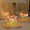 Pink tulip glass dome night light bedroom wood base by Decorbites
