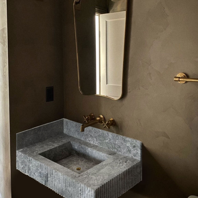 Tundra Gray Marble Rectangular Wall-mount Bathroom Sink with 6" Backsplash (W)16" (L)32" (H)10"