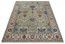 Turkish Knot Antique Green and Ivory Traditional Multi Size Hand knotted Oushak Rug
