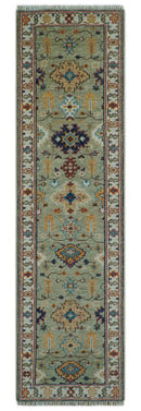 Turkish Knot Antique Green and Ivory Traditional Multi Size Hand knotted Oushak Rug