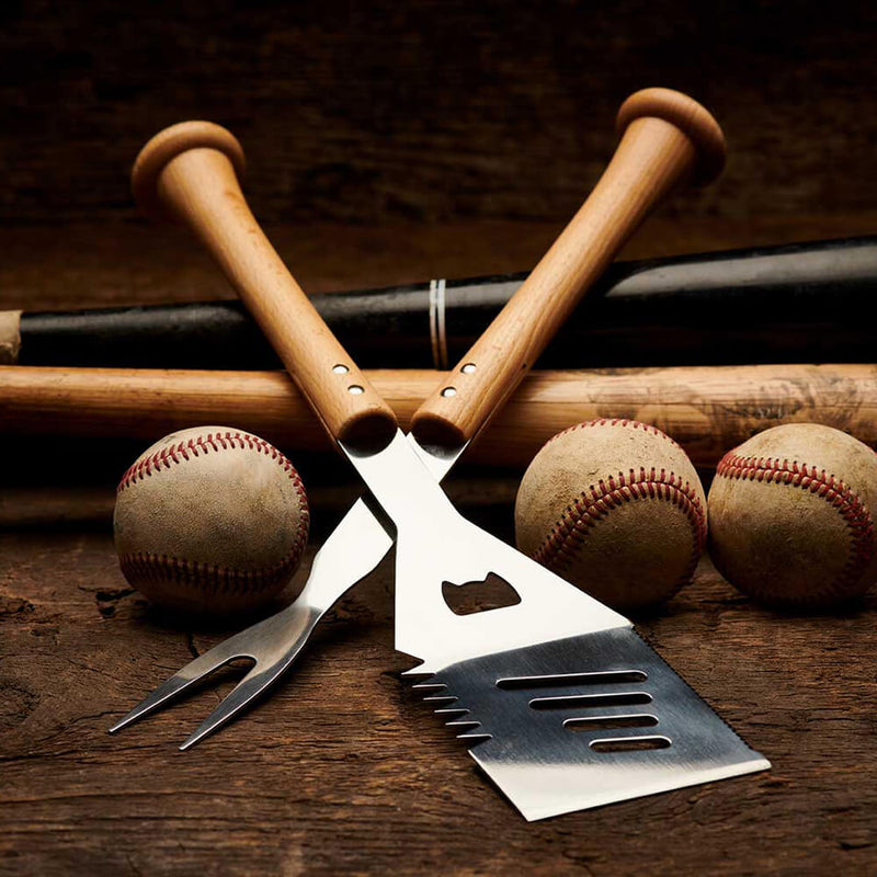 Wooden Baseball Bat Handle BBQ Turn Two Combo Set With Slider Spatula And Forkball Fork, detail