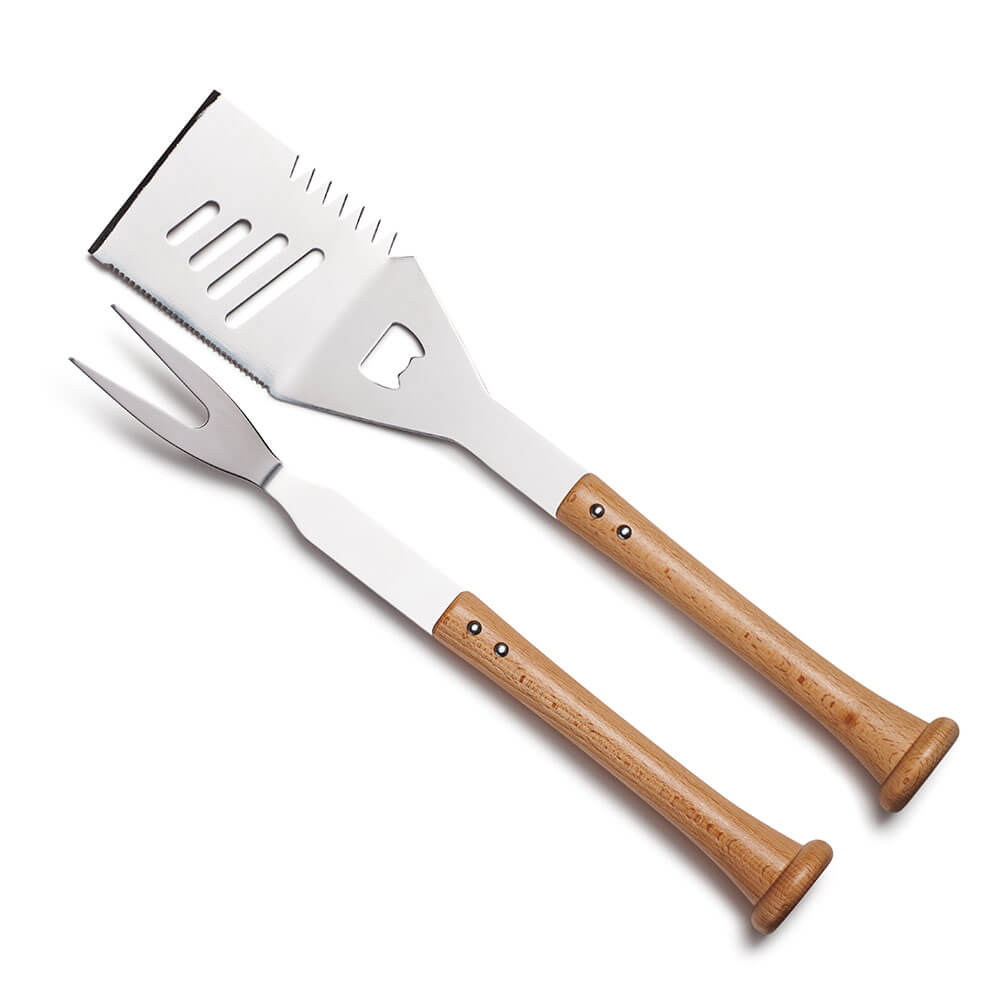 Wooden Baseball Bat Handle BBQ Turn Two Combo Set With Slider Spatula And Forkball Fork