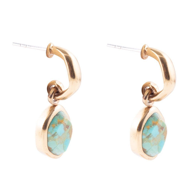 Blue Turquoise and Golden Bronze Half Hoop Earrings
