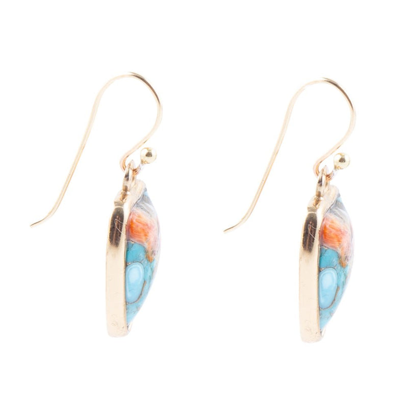 Blue Turquoise and Orange Spiny Oyster Matrix Golden Drop Earrings
