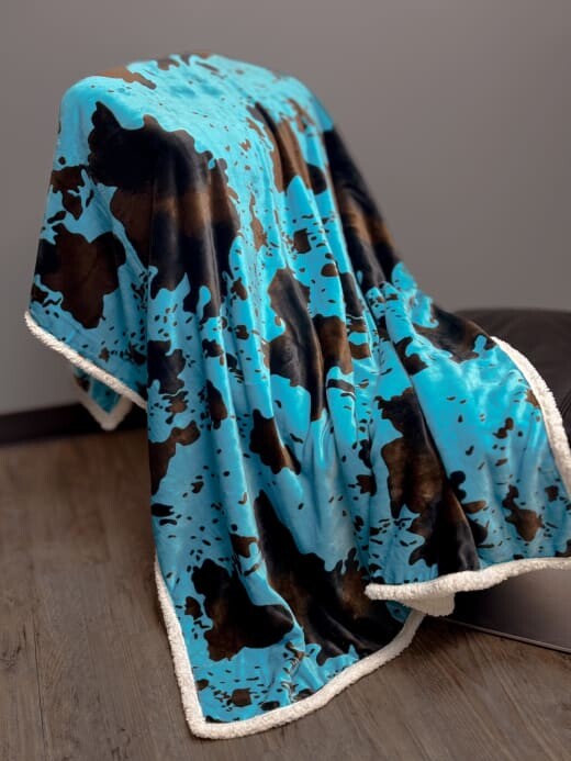 Turquoise Cowhide Sherpa Throw Blanket