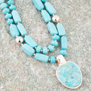 Double Stranded Blue Turquoise Sterling Silver Statement Pendant Necklace
